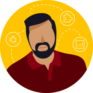 Illustration of a man with black hair and a beard wearing a dark red polo against a yellow color circle. Dashed lines encompassing him connecting to icons in the background.